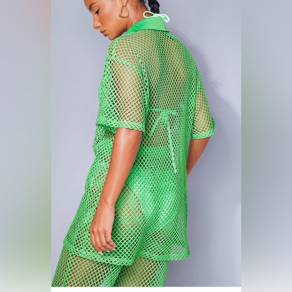 PRETTYLITTLETHING Green Net Oversized Short Sleeve /Trousers Beach Set of 2 - Picture 2 of 8